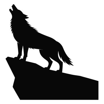 Howling wolf silhouette on cliff illustration depicts wild canine predator against transparent background showcasing wildlife vector art for outdoor and nature themes logo