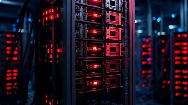 Exploring a data center with many servers lit up in red at night