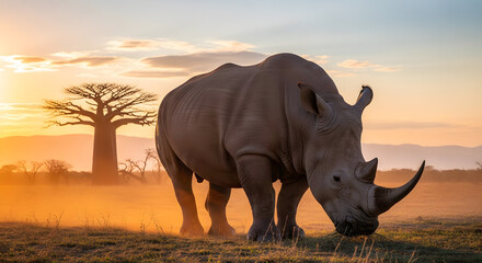 Fototapeta premium WORLD WILDLIFE DAY Medicinal Aromatic Plants Conserving Health Heritage Livelihoods – Majestic Rhinoceros White Rhino Sunrise Savanna Baobab Trees African Wildlife Endangered Species Conservation