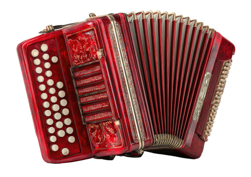 Vibrant, glossy red accordion with white buttons and detailed gold trim, a beautiful musical instrument