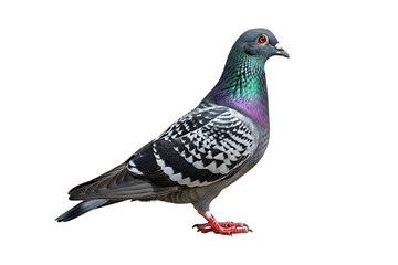 Obraz premium A vibrant pigeon perched with colorful feathers and a red leg band on a plain background isolated on transparent background