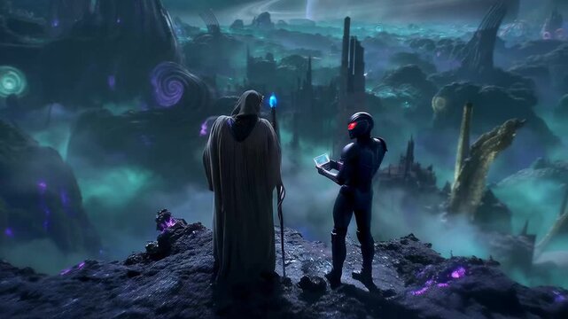 Two characters stand on a rocky ledge overlooking a dark, colorful landscape filled with swirling patterns and bright lights at night