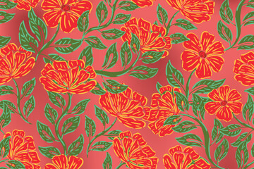 Fototapeta premium Seamless floral pattern with bold red flowers and leafy ornaments.