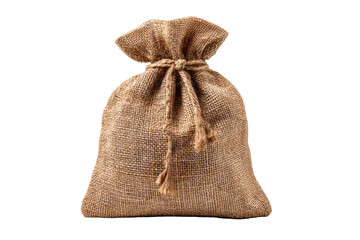 A light beige burlap sack, tied with a rope