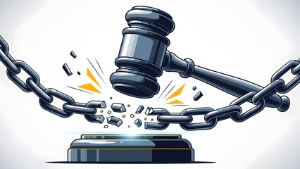 Obraz premium Gavel smashing through heavy chain links symbolizing freedom and justice