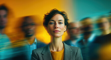 Obraz premium Calm female business leader in focus with diverse team streaking by in vibrant yellow teal scene