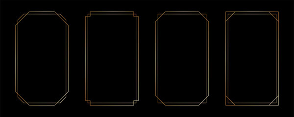 Naklejka premium Thin golden frame set in art deco style. Luxury modern line rectangle gold borders. Brass glowing shiny boarder element pack for photocard. Vector illustration isolated on black background.