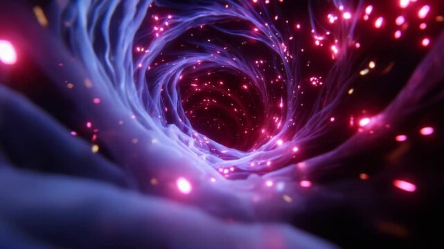 A mesmerizing abstract depiction of a swirling light tunnel, showcasing vibrant hues of purple and pink intertwining with sparkling particles, creating an immersive visual experience that evokes a