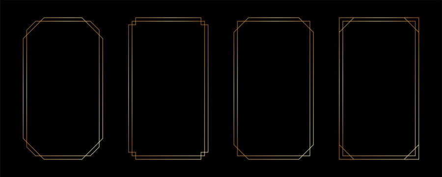 Thin golden frame set in art deco style. Luxury modern line rectangle gold borders. Brass glowing shiny boarder element pack for photocard. Vector illustration isolated on black background.