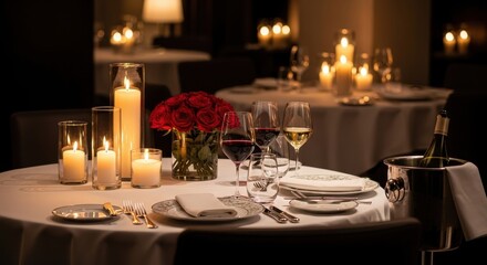 Fototapeta premium Romantic dinner setup with candles and wine glasses on table