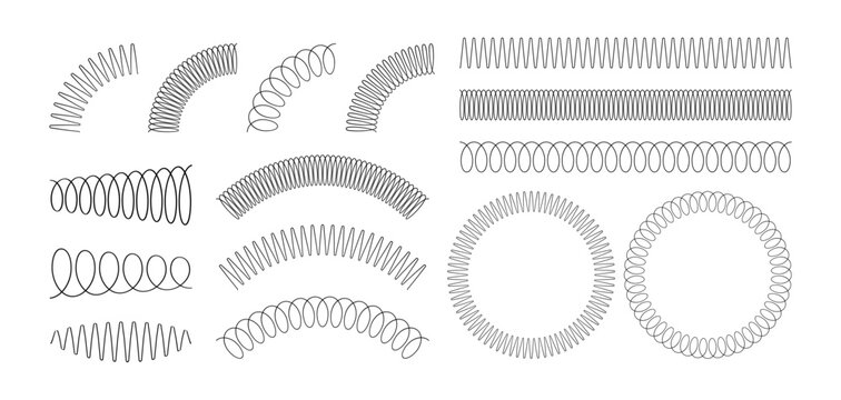 Spiral spring set. Metal wire coil spring icon collection. Thin zigzag waves symbol. Flexible coil shapes. Loop line pattern. Vector illustration isolated on white background. 