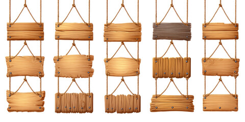 Several wooden signs, various shades of brown, suspended by ropes