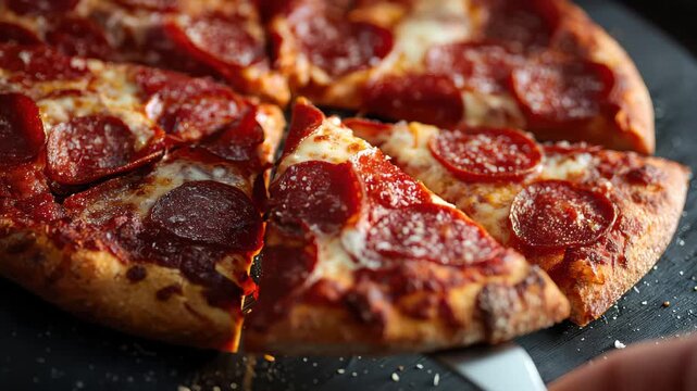 Sliced pepperoni pizza on a black plate with a few pieces missing showing melted cheese and savory toppings