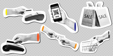 Halftone retail payment and shopping sticker set featuring credit card transactions, mobile QR code pay, sale bags, cash exchange, and shopping cart © Vladislav