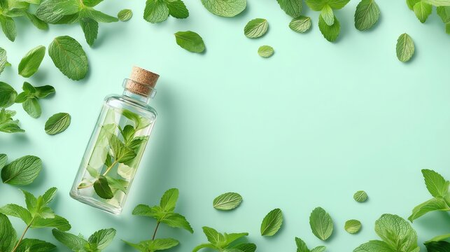 Mint Essential Oil with Fresh Mint Leaves
