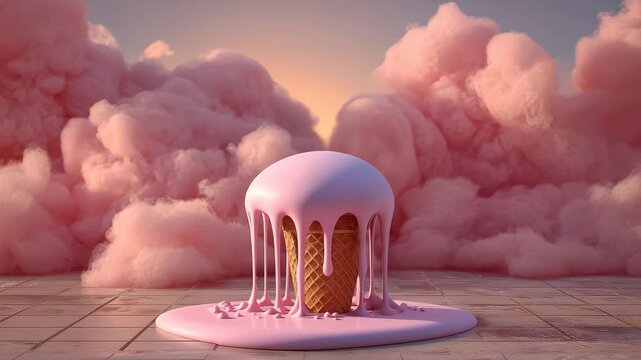 Soft serve ice cream cone with pink swirl sits on tiled surface amid fluffy pink clouds in dreamy setting during sunset