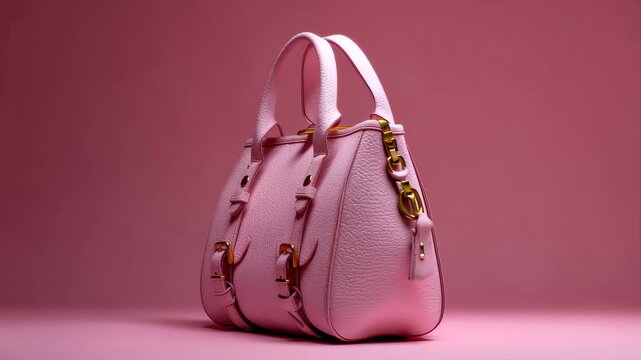Pink handbag displayed against a solid pink background in a well-lit setting highlighting its design and shape
