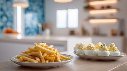 Plates of Golden French Fries and Creamy Deviled Eggs on a Wooden Table in a Modern Kitchen Setting .
