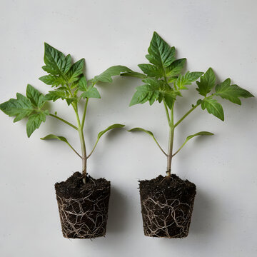 Two Healthy Tomato Seedlings with Strong Root Balls Ready for Planting