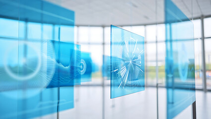 Modern glass office building interior with blue digital screens and reflections on the windows and walls