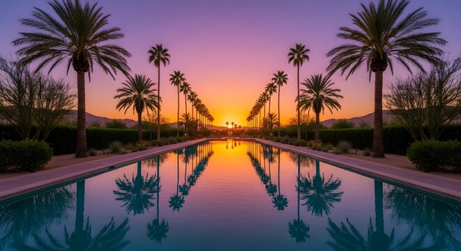 Serene tropical oasis with palm trees at sunset by the pool