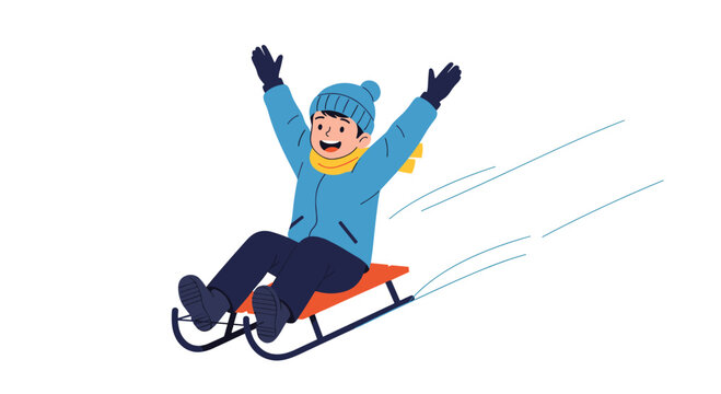 Thrilled young boy wearing warm winter gear slides down a snowy hill on an orange sled with his arms raised high in excitement.