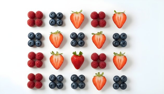 Fresh Berry Pattern on White Background. Flat lay pattern of fresh berries including strawberry, blueberry, and raspberry arranged neatly on a white background. Healthy food and minimalist concept.