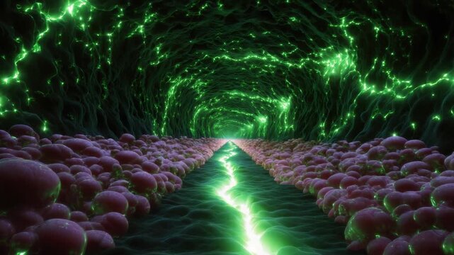 A mesmerizing view inside a vibrant microscopic tunnel showcasing swirling green lights and clusters of pink cells, creating an ethereal atmosphere that evokes wonder about the microscopic world of