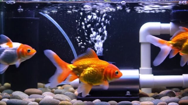 Orange Goldfish Swimming Around Aquarium Filter and Bubbles.
