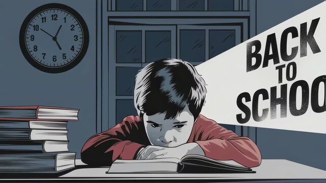 Caucasian boy sits at desk for back to school studying with books and clock in educational concept video footage.