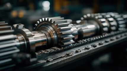 Fototapeta premium Close-up of industrial machine components and metal gears aligned in a manufacturing environment, highlighting mechanical precision.