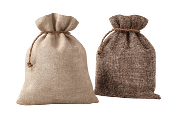Two beige and brown burlap bags