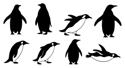 Obraz premium Vector silhouette illustrations of penguins in various poses, including standing, walking, skating on ice, and swimming.