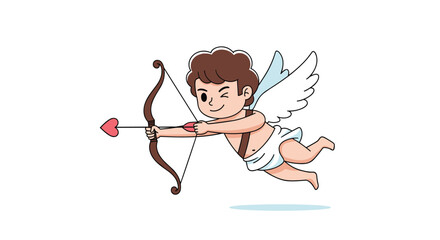 Obraz premium Cupid boy character flying and aiming a love heart arrow with a wooden bow while winking for a romantic valentines day greeting.