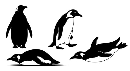 Vector silhouette illustrations of penguins in various poses, including standing, walking, skating on ice, and swimming. © MOCHRABBUL