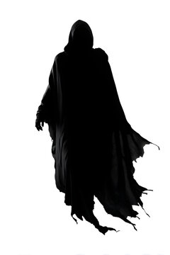 Black silhouette of flying evil ghostly reaper spirit in tattered cloak on white background