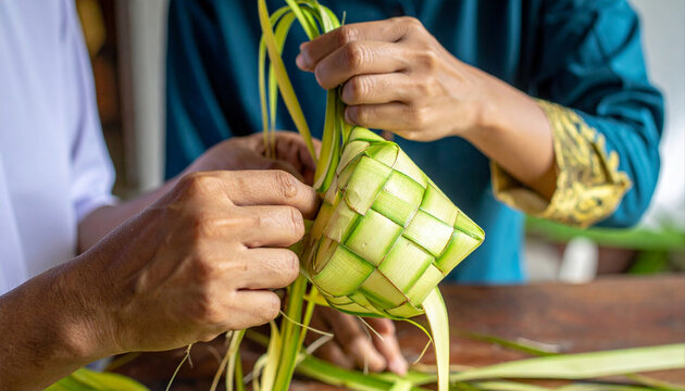 Hands Weaving Traditional Ketupat Rice Cake from Palm Leaves