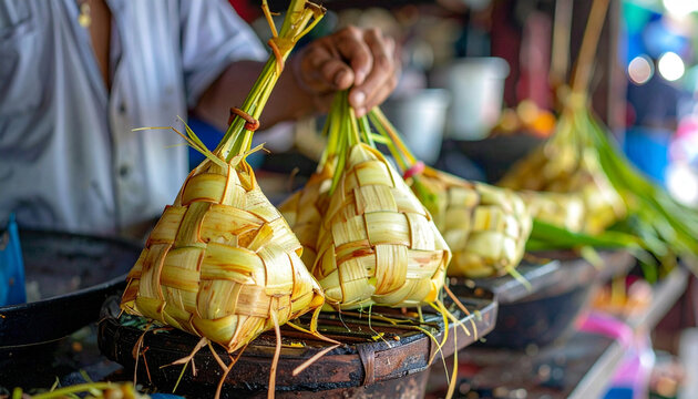 The Process of Cooking Traditional Ketupat in a Kitchen with Woven Coconut Leaves