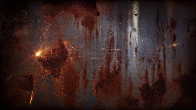 Dark rusty metal texture background with digital glitch interference and bright welding sparks flying