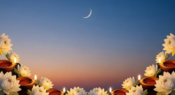 Rohini Vrat Banner with Lotus and Oil Lamps at Twilight