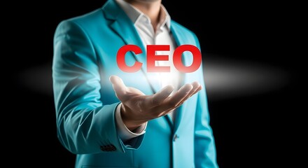 Chief executive officer hologram displays ceo concept for business leadership and corporate management with glowing word presentation and hand gesture