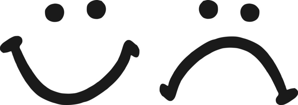 Simple hand drawn happy and sad face icons, smile and frown emoji set, concept of customer feedback, mood swings or bipolar disorder.
