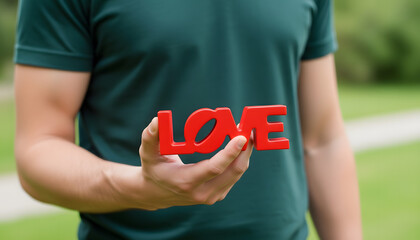 Man holding the word love in his hand in a serene outdoor setting.