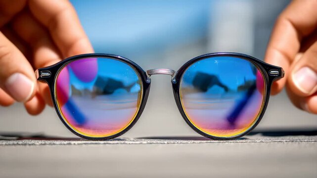 Colorful sunglasses placed on a flat surface with reflections of a sunny day, showing a bright blue sky and distant scenery