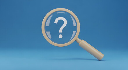 A magnifying glass with a question mark inside on a blue background.
