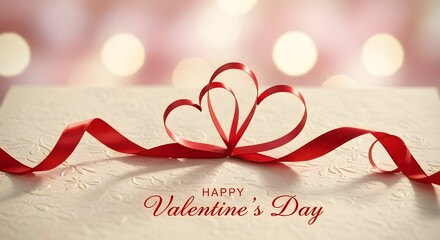 Red Ribbon Shaped as Hearts on Textured Paper with Pink Bokeh Background