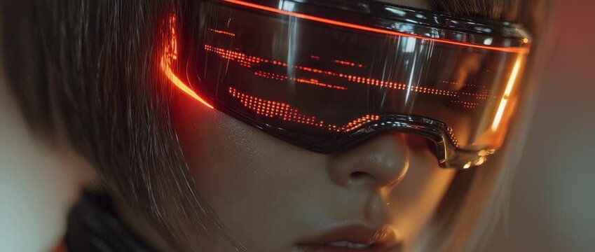 Hyperrealistic Cyberpunk Portrait of a Young Woman Wearing Futuristic Red LED Visor Goggles