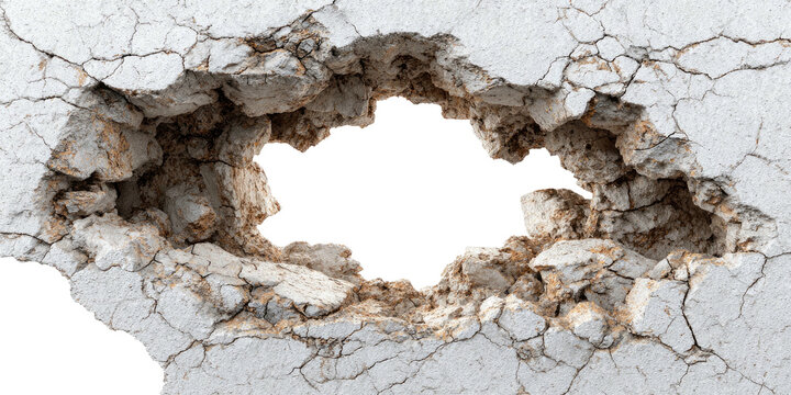 Close-up of a damaged white wall with a gaping, dark hole and visible cracks