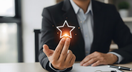 A businessman selecting a star rating with his finger in a modern office setting.