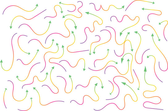 Vector hand-drawn doodle arrows set with gradient rainbow lines and green arrowheads, pointing in various directions.